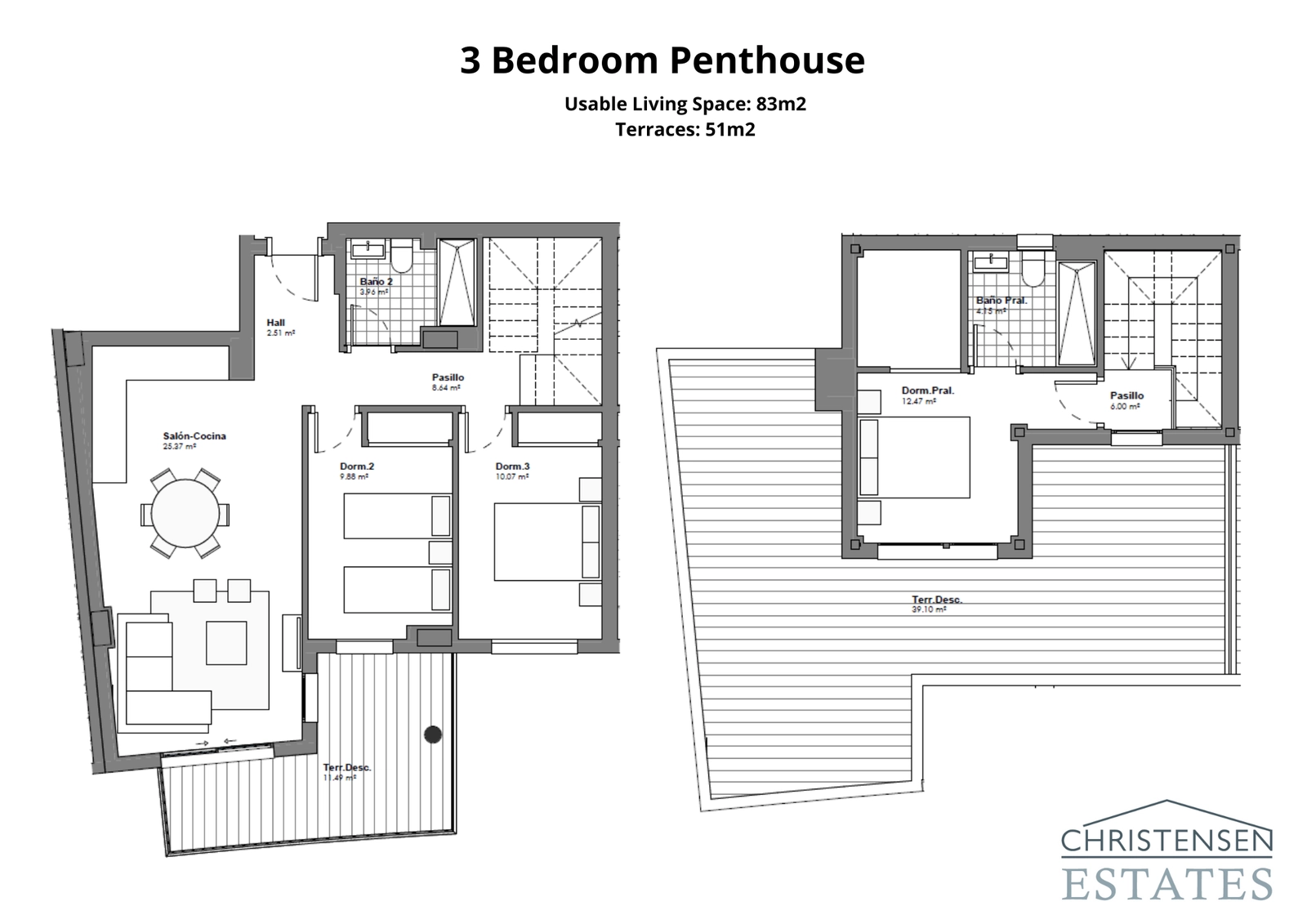 Dit penthouse met drie slaapkamers biedt een ruime indeling over twee verdiepingen, inclusief een groot privé zonneterras voor de ultieme levensstijl.