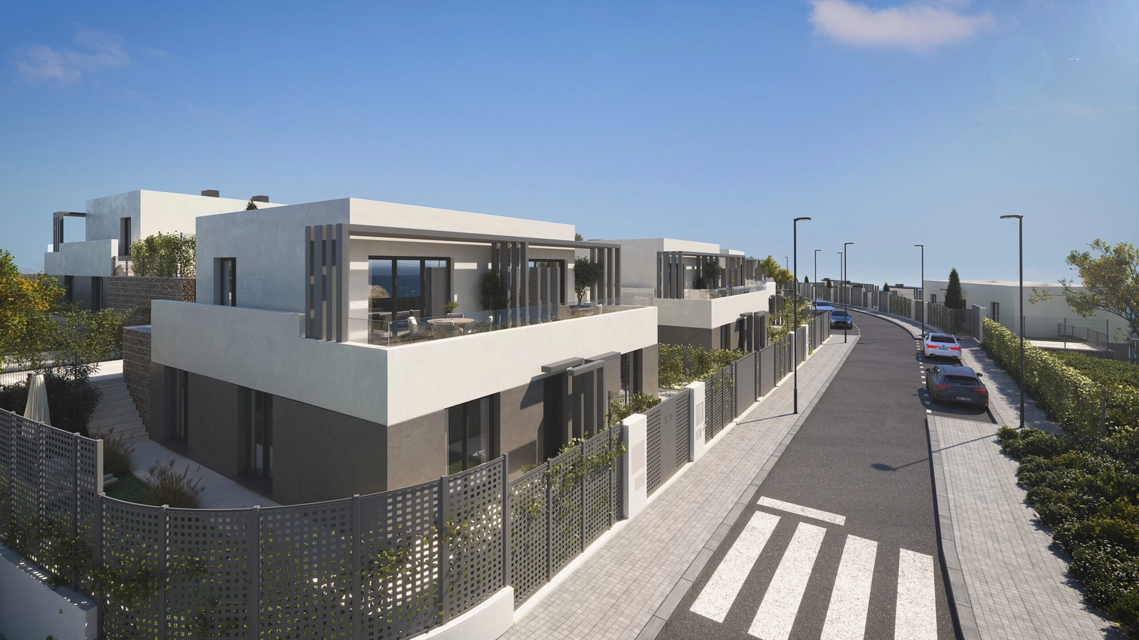 Hedendaags design en elegante lijnen kenmerken de buitenkant van deze exclusieve twee-onder-een-kapwoningen.