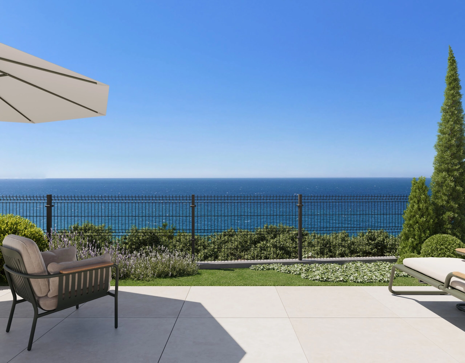 Een rustig hoekje in uw privétuin, omringd door prachtige landschapsarchitectuur met de zee op de achtergrond.