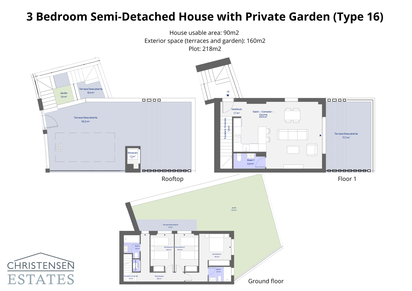 Deze plattegrond omvat drie slaapkamers en een royaal dakterras, en biedt een exclusieve privéruimte om van de zon en het panoramische uitzicht te genieten.