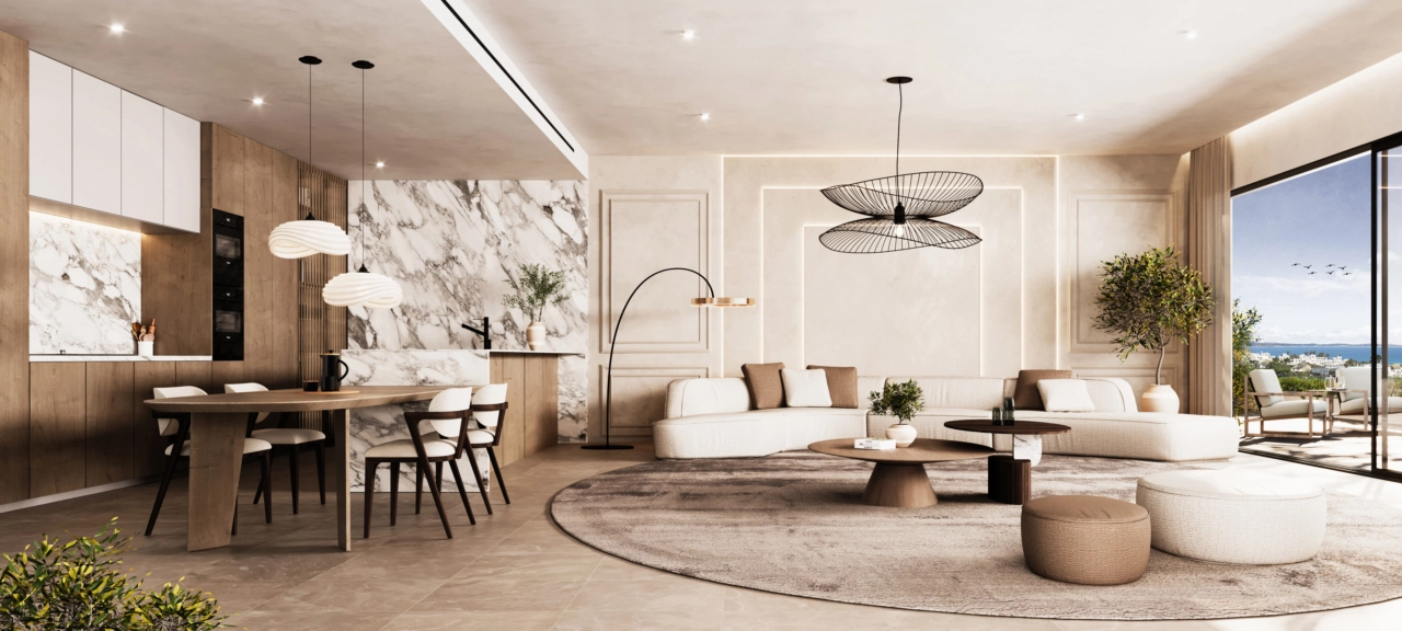 Verfijnde interieurs met hoogwaardige materialen en overvloedig natuurlijk licht.