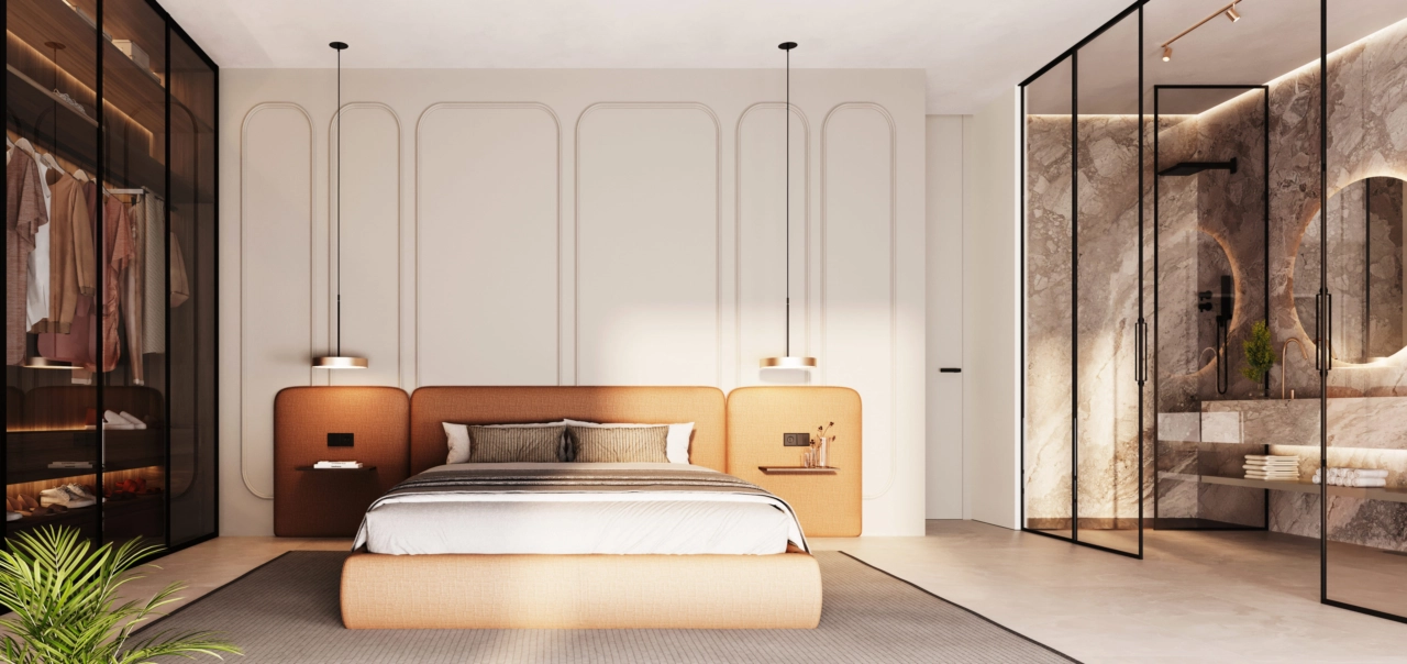 Een serene hoofdslaapkamer, uw persoonlijke toevluchtsoord voor rust en ontspanning.