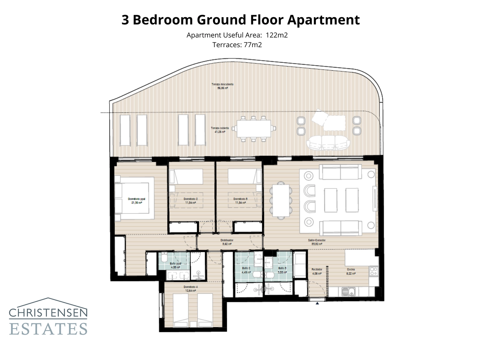 Deze indeling op de begane grond met drie slaapkamers biedt ruime woonruimtes die direct toegang geven tot een groot terras en een privétuin.