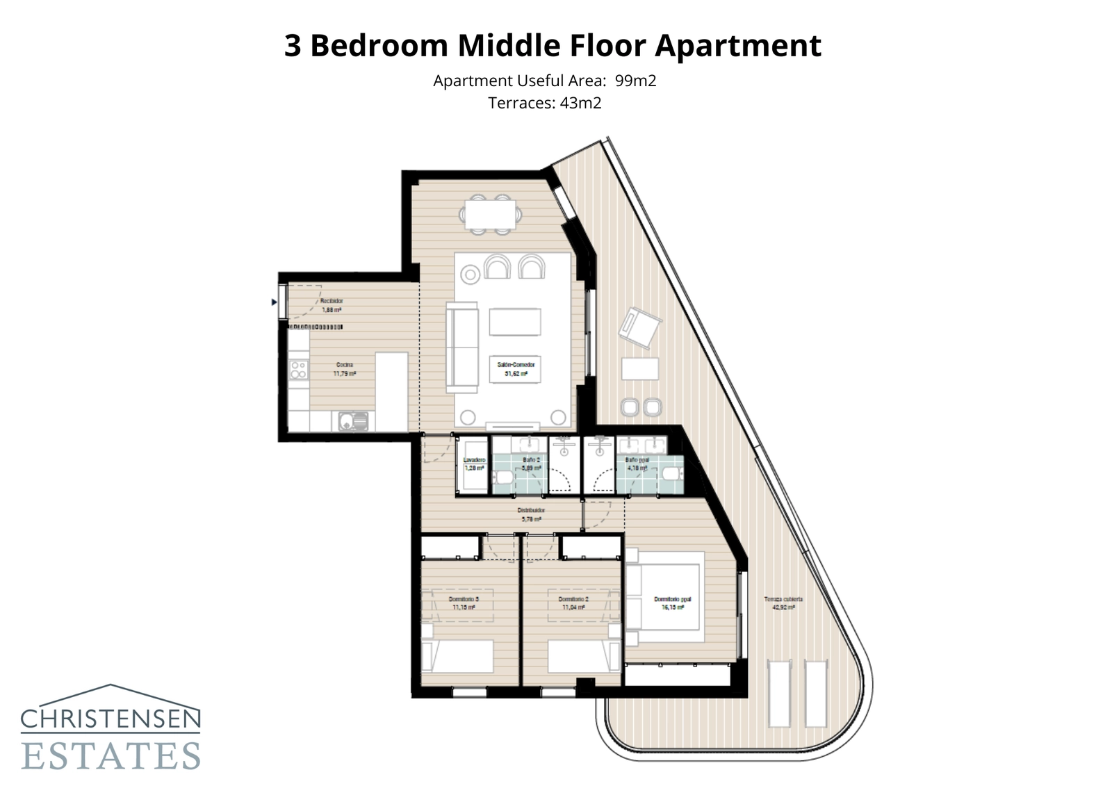 Een intelligent ontworpen appartement met drie slaapkamers en een royaal terras om de binnen-buitenlevenstijl te maximaliseren.