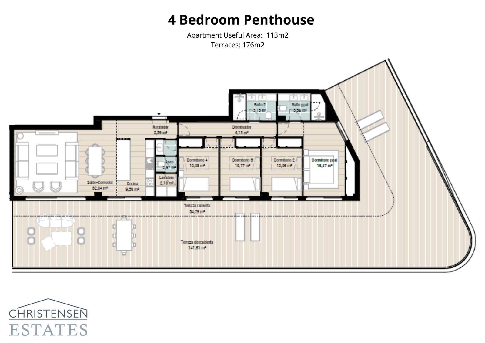 Deze plattegrond van het penthouse met vier slaapkamers biedt uitzonderlijke ruimte en comfort, met een uitgestrekt terras om te genieten van panoramische uitzichten.