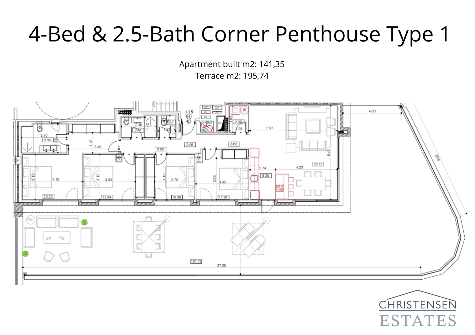 Ruime hoekpenthouse met 4 slaapkamers en een royaal terras van 195 m², ideaal voor entertainment en het genieten van het uitzicht.