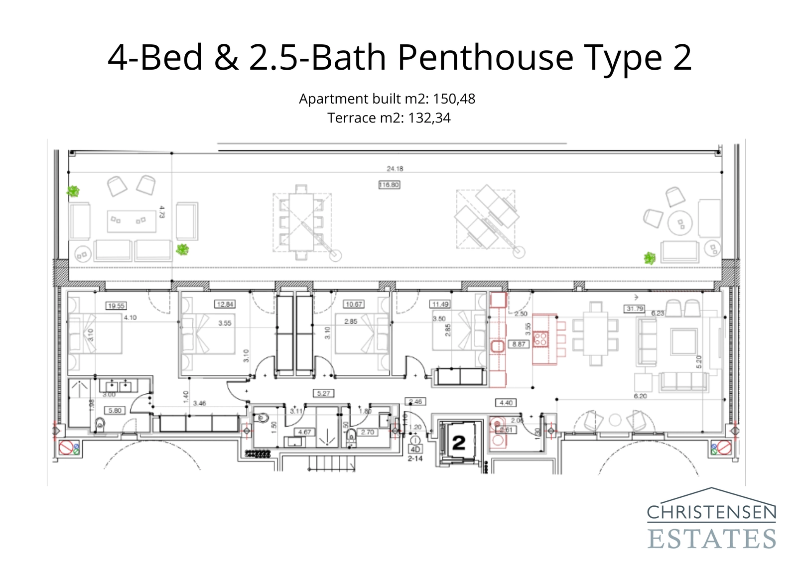 Doordacht ontworpen penthouse plattegrond met 4 slaapkamers van 150 m², die een royale binnenruimte combineert met een groot privéterras van 132 m².