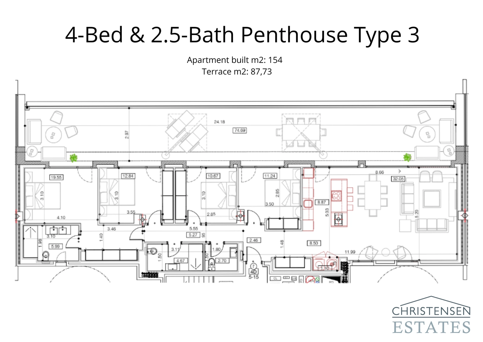 Een elegante penthouse-indeling van 154 m² met 4 slaapkamers, die een comfortabele doorstroom en een terras van 87 m² voor buitenleven biedt.