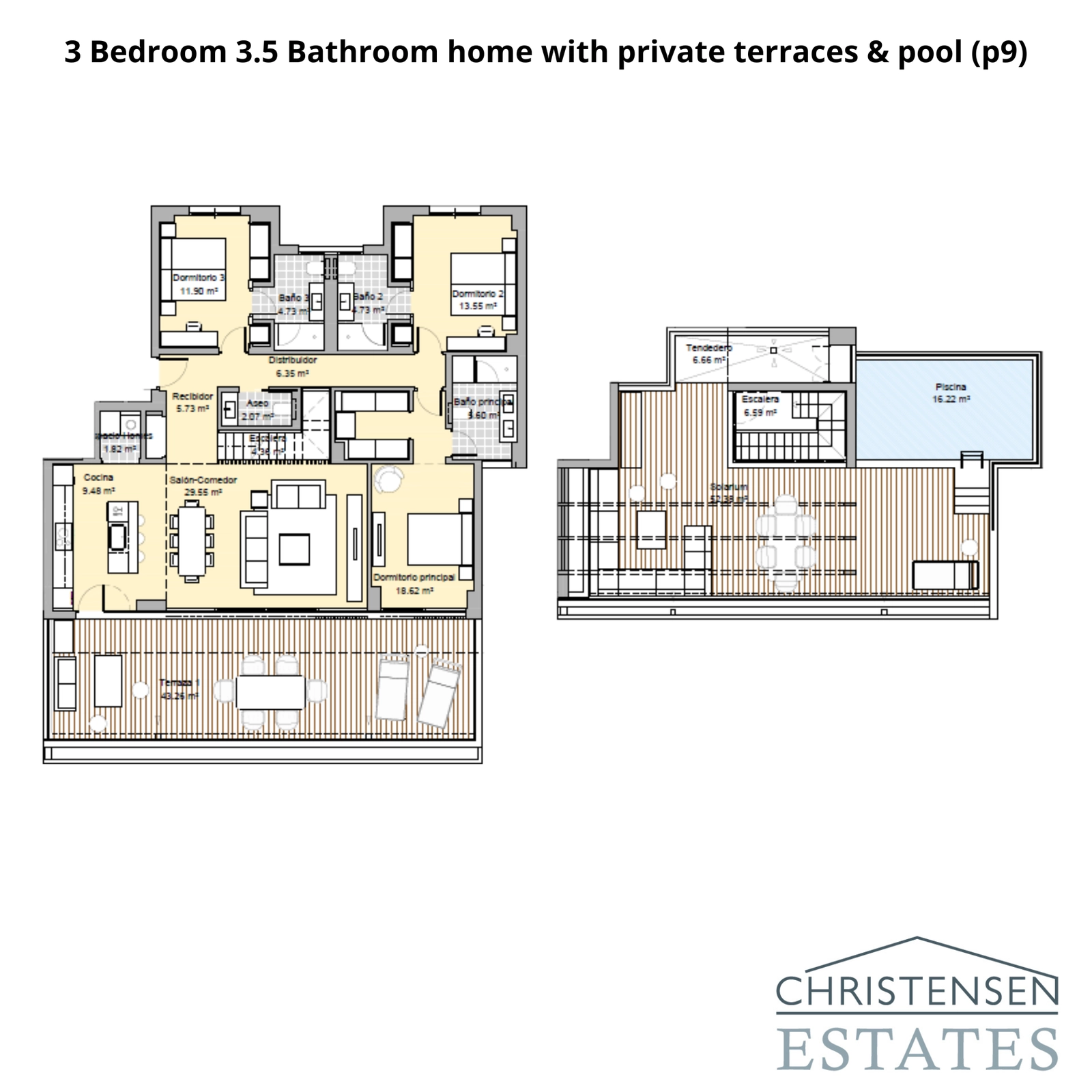 Een woningontwerp met drie slaapkamers, een uitgebreide woonkamer, privéterrassen en een eigen zwembad op het dak voor de ultieme luxe levensstijl.