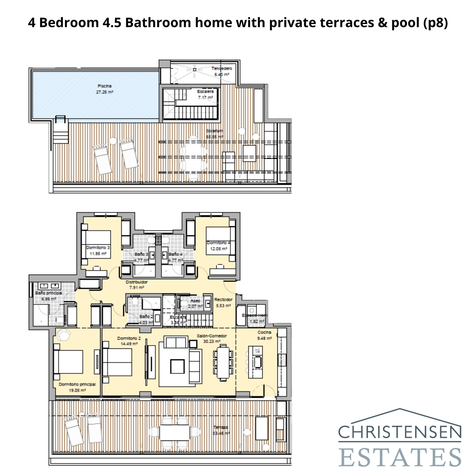 Een elegante indeling van een duplexappartement met vier slaapkamers, meerdere terrassen en een groot dakterras met een privézwembad.