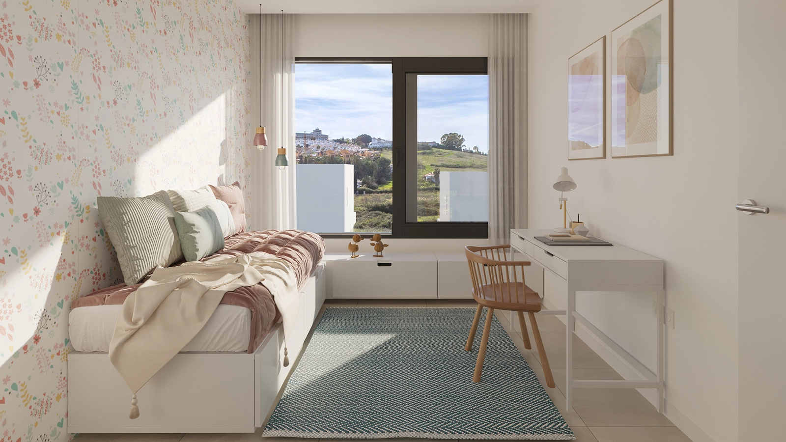 Een charmante en veelzijdige slaapkamer die kan worden gepersonaliseerd voor kinderen, gasten of als thuiskantoor.