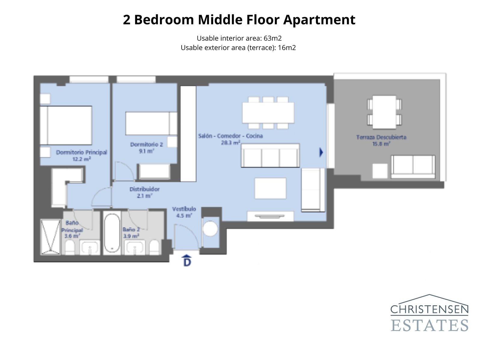 Woning op de middelste verdieping met twee slaapkamers – Een efficiënt en modern ontwerp met een open woonruimte die uitkomt op een prachtig terras.