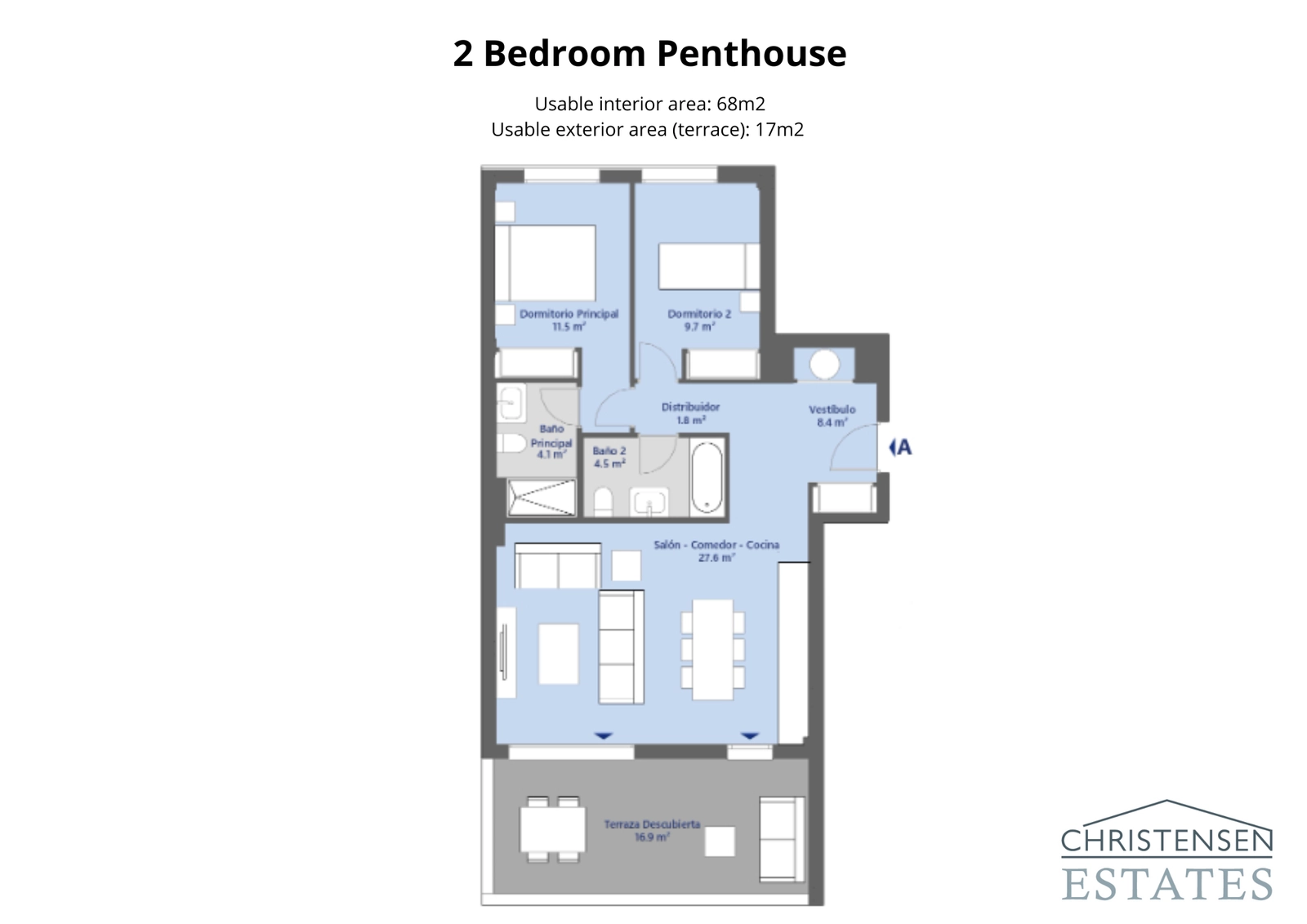 Penthouse met twee slaapkamers – Een goed ontworpen plattegrond die comfort en privacy biedt, compleet met een heerlijk terras.