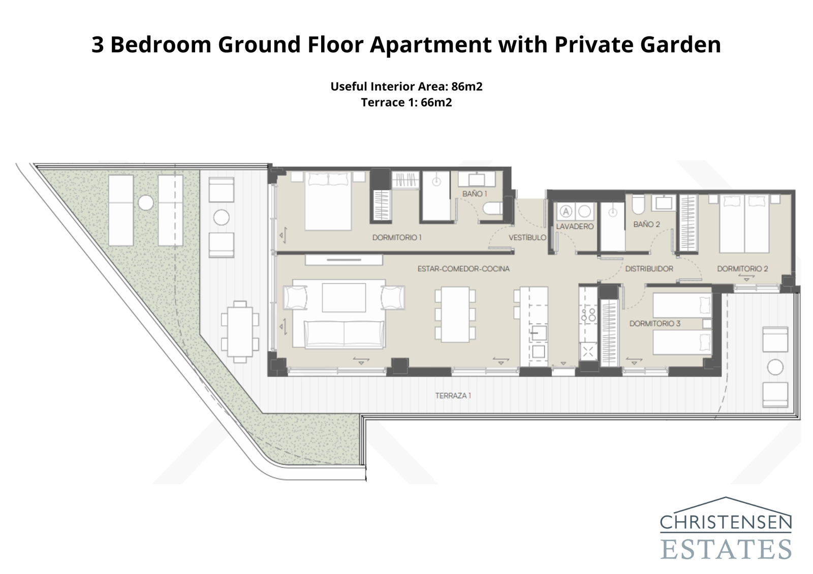 Woning op de begane grond met drie slaapkamers en een ruime indeling die aansluit op een royaal terras en privétuin.