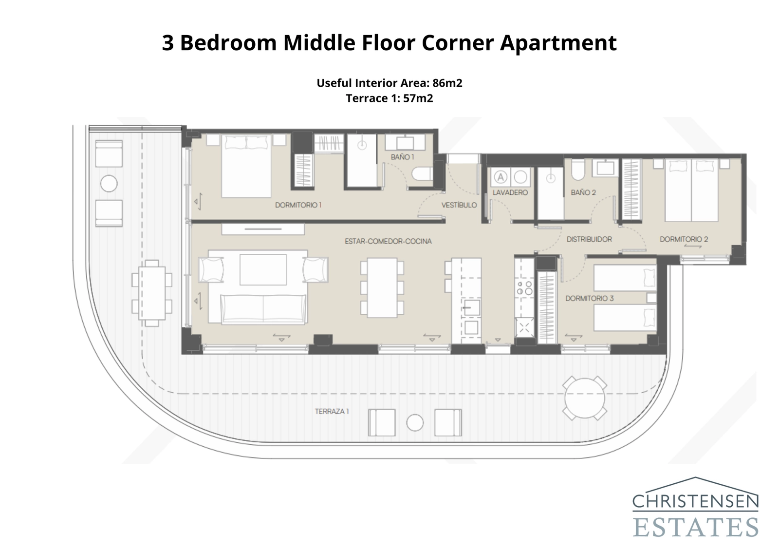 Dit hoekappartement op de tussenverdieping maximaliseert licht en uitzicht met een uitgestrekt terras rondom.