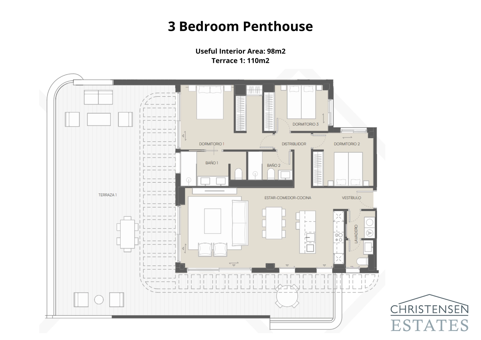 De exclusieve plattegrond van het penthouse, met een uitgestrekt hoekterras voor een uitzonderlijke binnen-buiten-leefstijl.