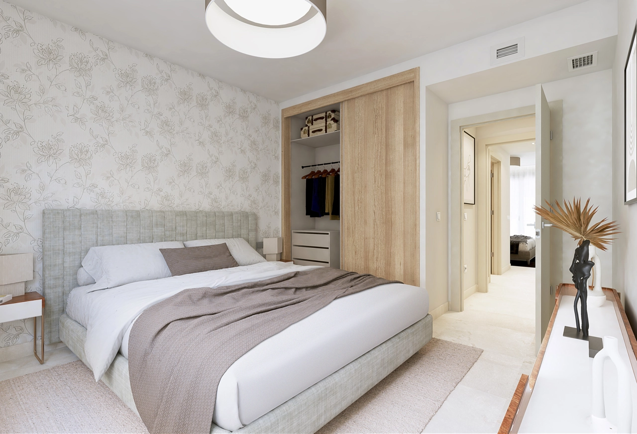 De hoofdslaapkamer biedt een rustig toevluchtsoord met veel opbergruimte en verfijnde designaccenten.