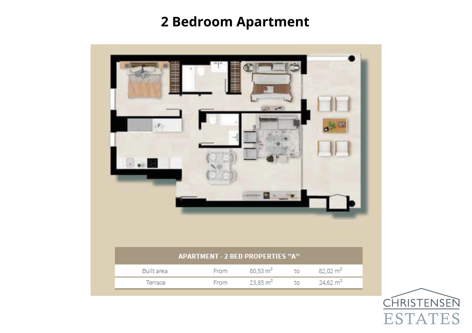 Deze indeling van een appartement met twee slaapkamers biedt een praktisch en open ontwerp, waarbij de woonkamer verbonden is met een royaal terras, ideaal om buiten te genieten.