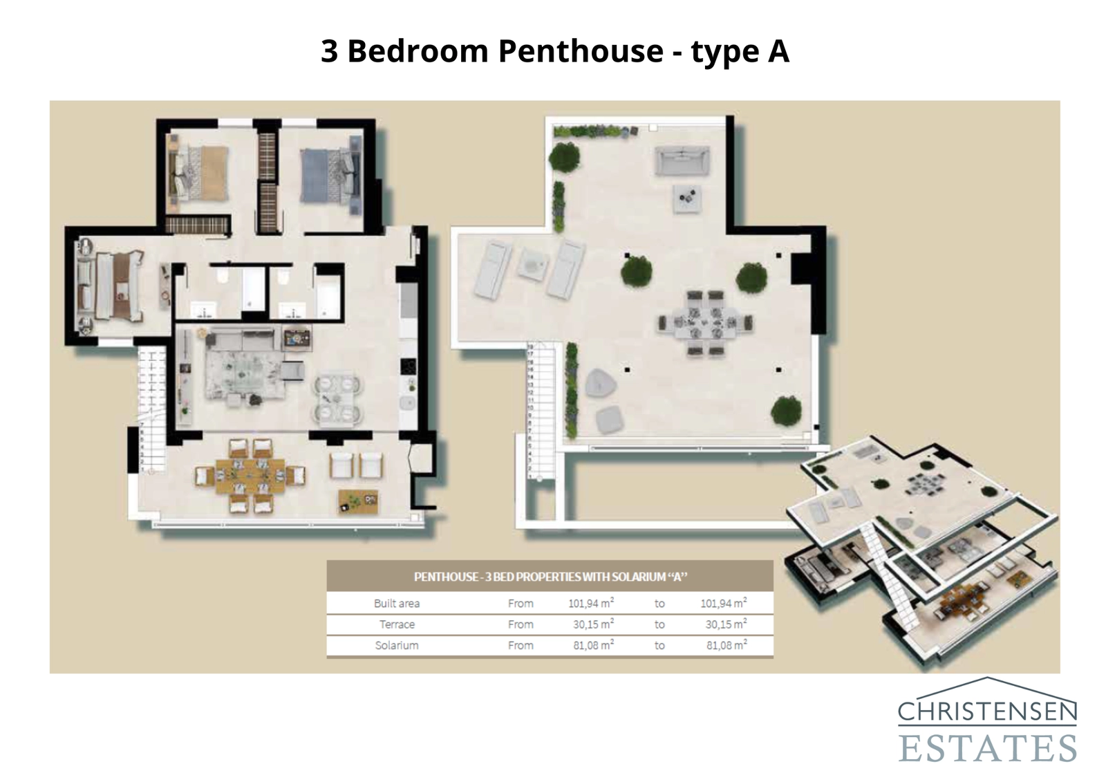 Ontdek de indeling van dit uitzonderlijke penthouse met drie slaapkamers, compleet met een uitgestrekt daksolarium voor privézonnebaden en entertainment met panoramisch uitzicht.