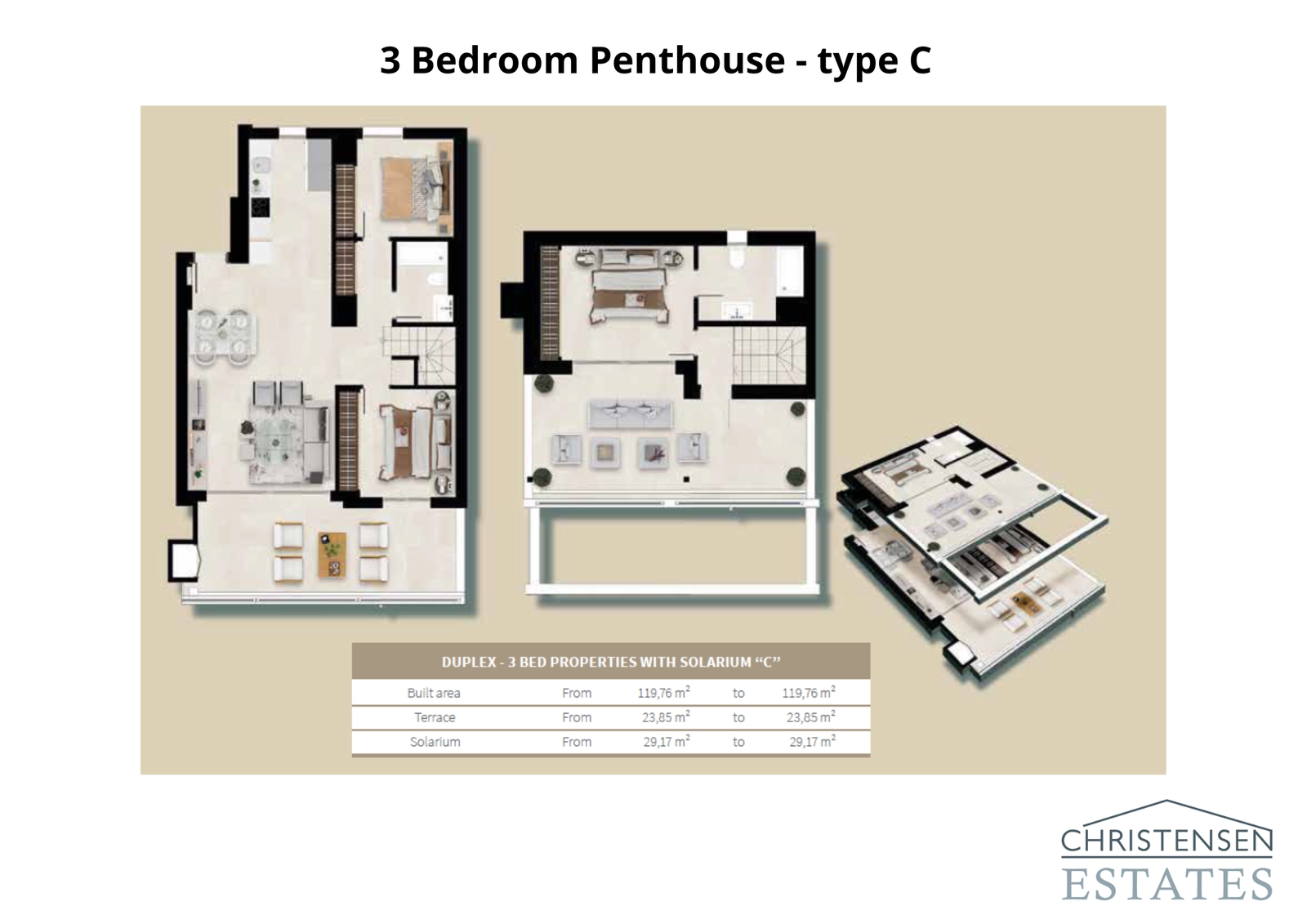 Dit duplex penthouse-ontwerp met drie slaapkamers biedt twee verdiepingen aan verfijnde woonruimte, bekroond met een privé solarium voor een exclusieve levensstijl.