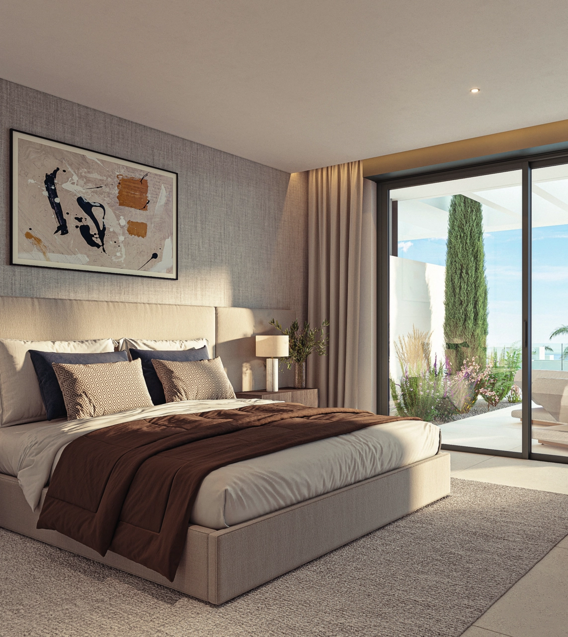 Word wakker in een serene hoofdslaapkamer met directe toegang tot uw privé terras.