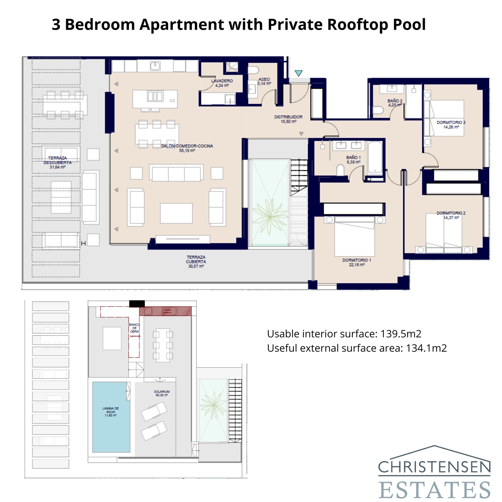 De indeling van deze woning met drie slaapkamers omvat een uitgebreid daksolarium met een privézwembad, perfect om van de zon te genieten.
