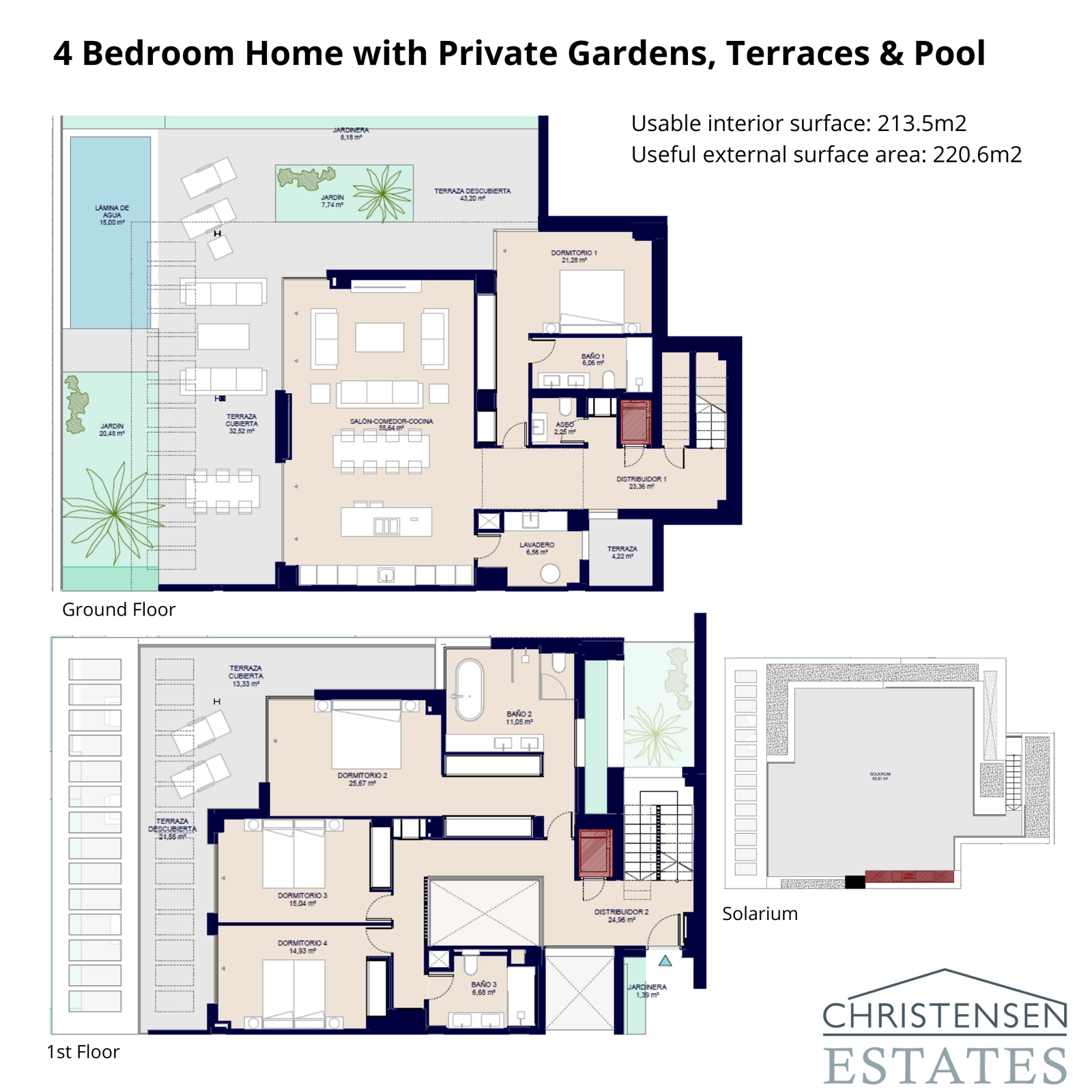 Een meerlaagse villa-indeling met vier slaapkamers, die uitgebreide tuinen, terrassen, een privézwembad en een daksolarium toont.