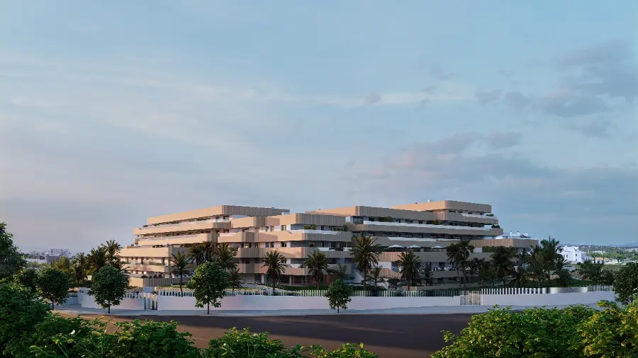 Een indrukwekkend exterieurbeeld van de unieke, moderne architectuur van het South Sand project.