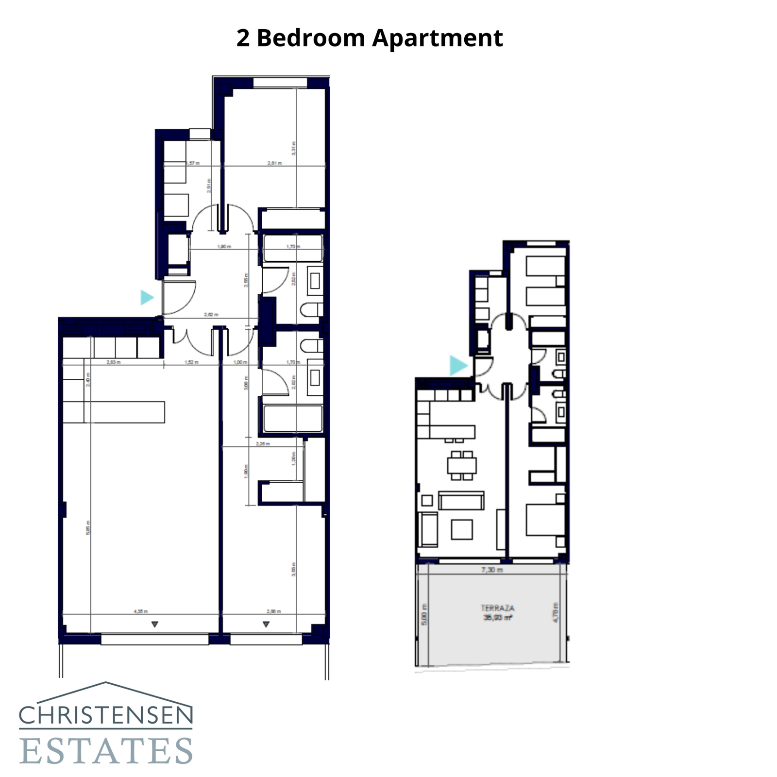 Plattegrond voor een appartement met twee slaapkamers, met een goed ingedeelde en functionele woonruimte.
