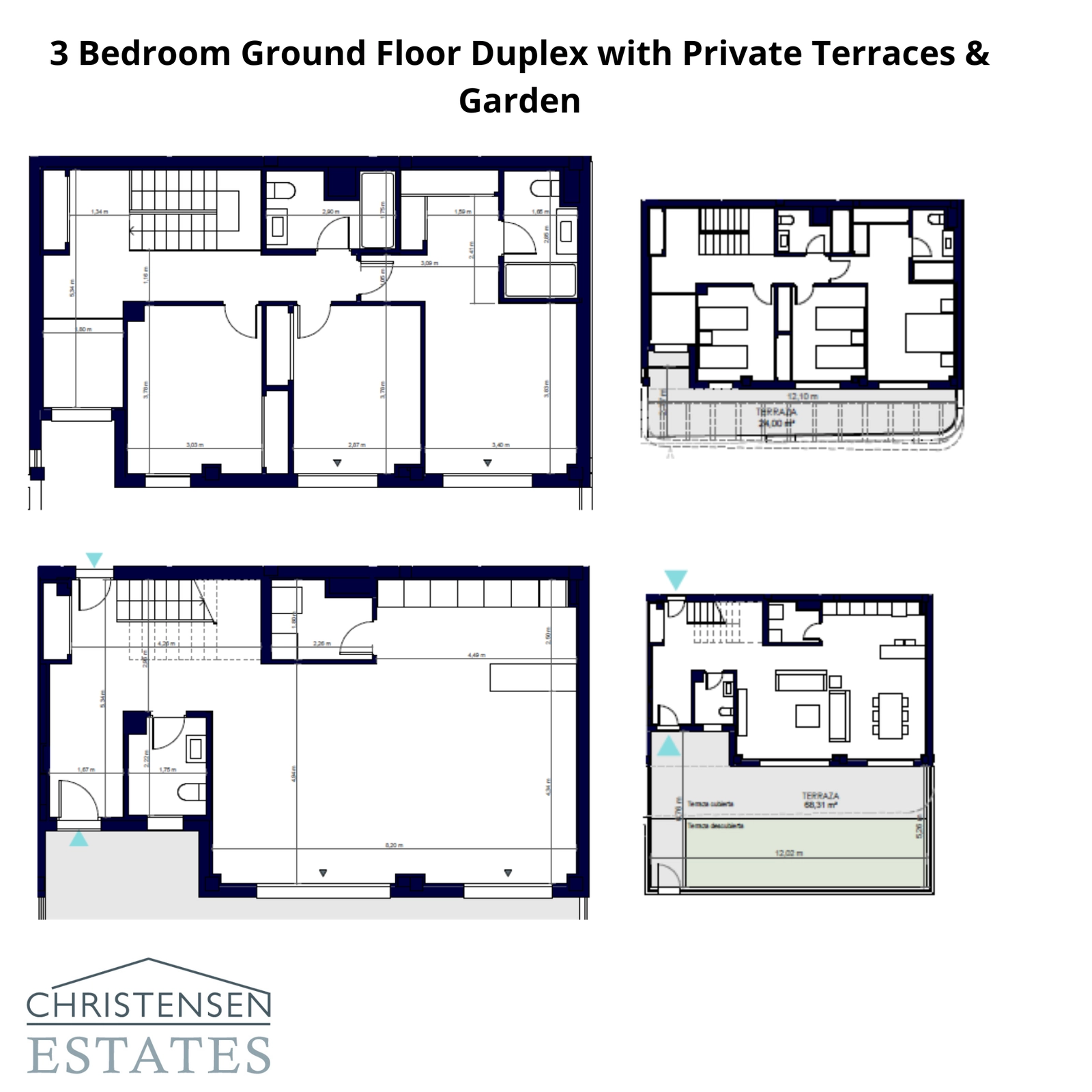 Een ruime driekamer-duplex op de begane grond met grote privé terrassen en een tuin.