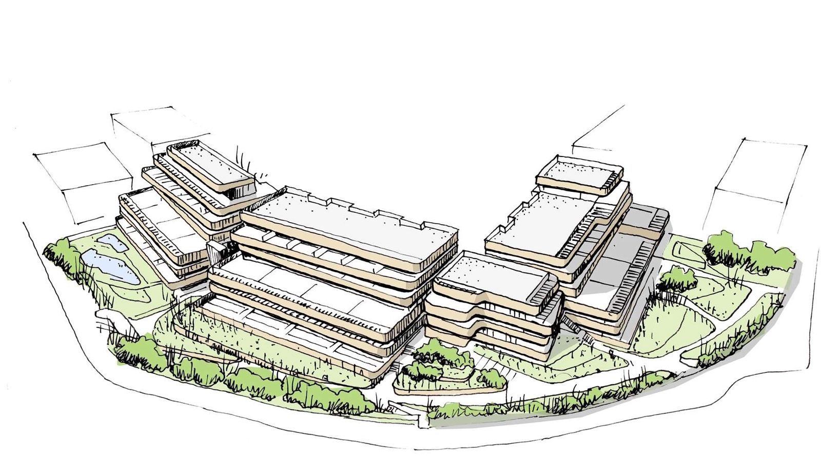 Architectonische schets die het elegante ontwerp van het project en de integratie met het landschap illustreert.