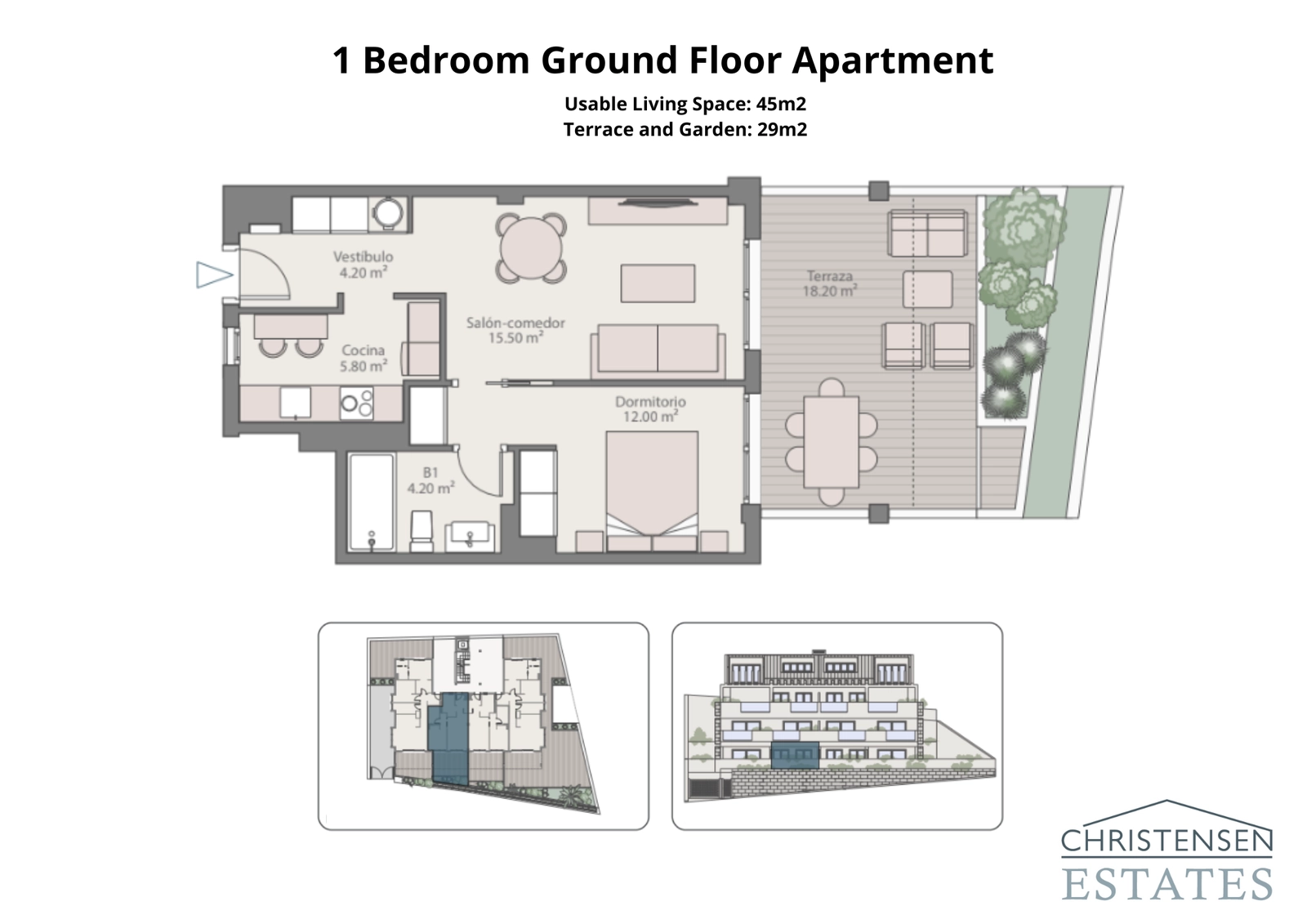 Deze plattegrond van een gelijkvloers appartement met één slaapkamer biedt een slim ontwerp, waarbij de woonruimte aansluit op een privéterras en tuin.