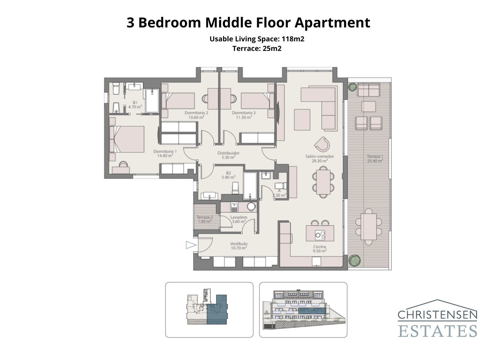 Een ruime plattegrond van een appartement met drie slaapkamers, met een royale woonkamer en twee terrassen voor binnen-buitenleven.