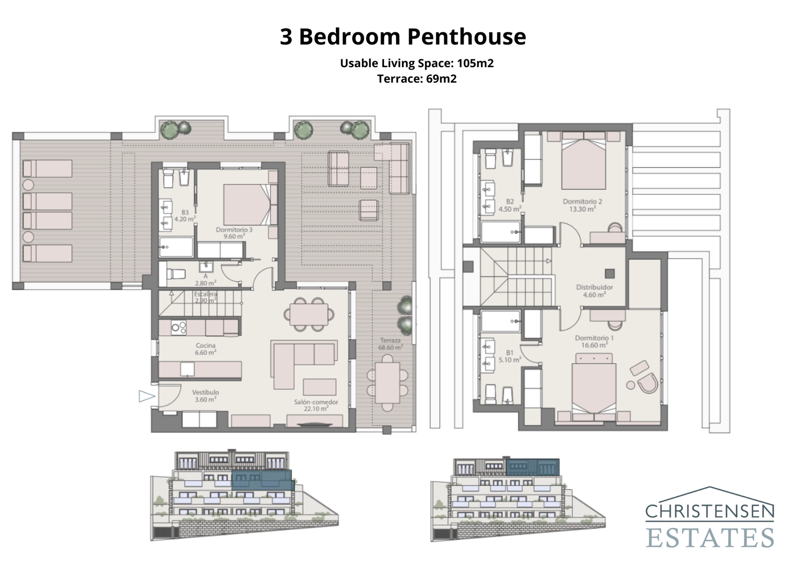 De uitzonderlijke plattegrond van het drie-slaapkamer duplex penthouse, met uitgebreide terrassen om te genieten van het panoramische uitzicht over de Costa del Sol.