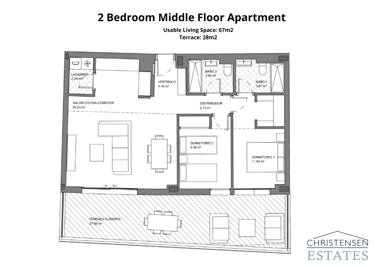 Deze indeling van een tweekamerappartement beschikt over een open woonkamer die uitkomt op een royaal terras, perfect voor binnen-buitenleven.