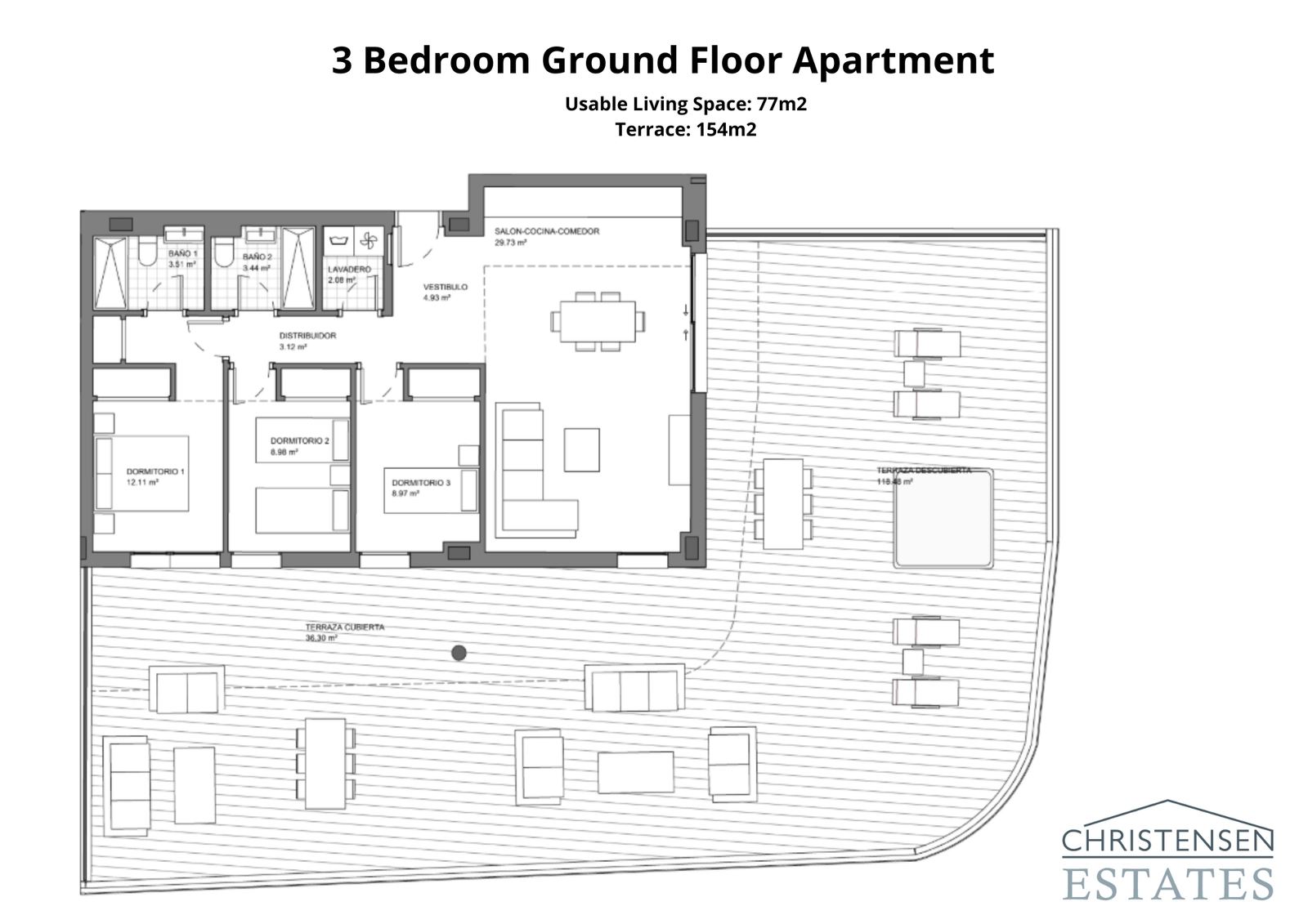 De plattegrond van een driekamerwoning op de begane grond, met ruime interieurs die verbonden zijn met een zeer groot terras en een privétuin.
