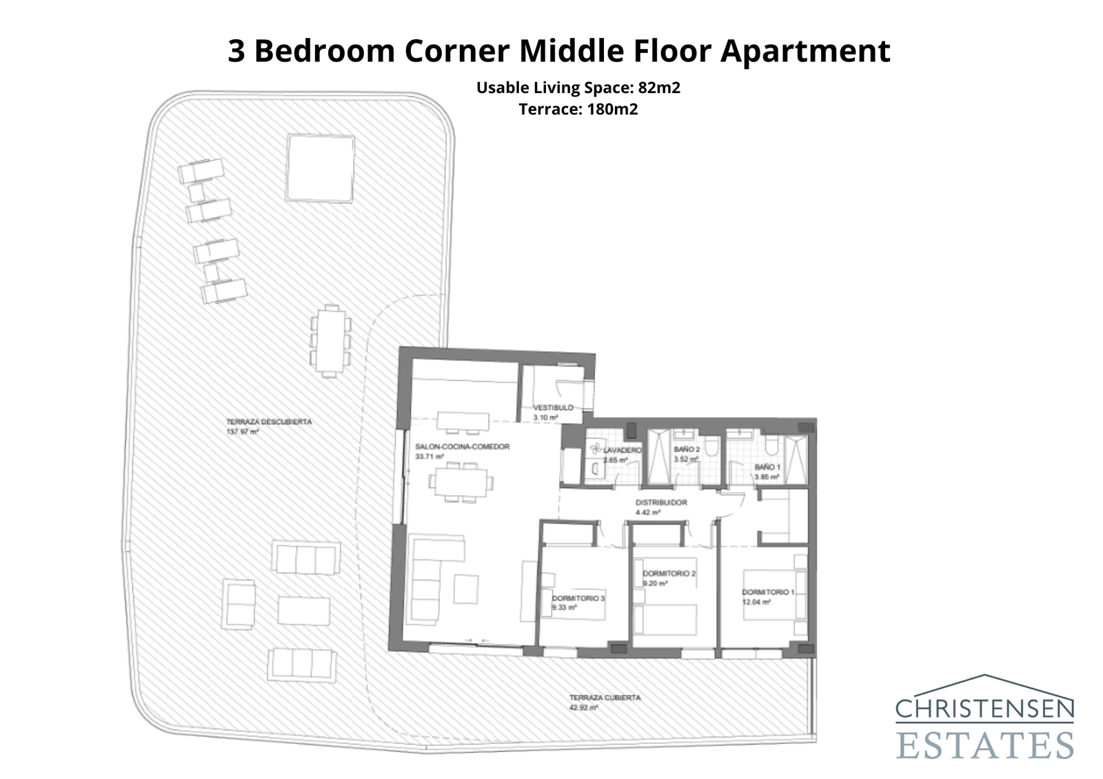 Dit ruime driekamerhoekappartement profiteert van een indrukwekkend rondomlopend terras, dat meerdere plekken biedt om te ontspannen en te dineren.
