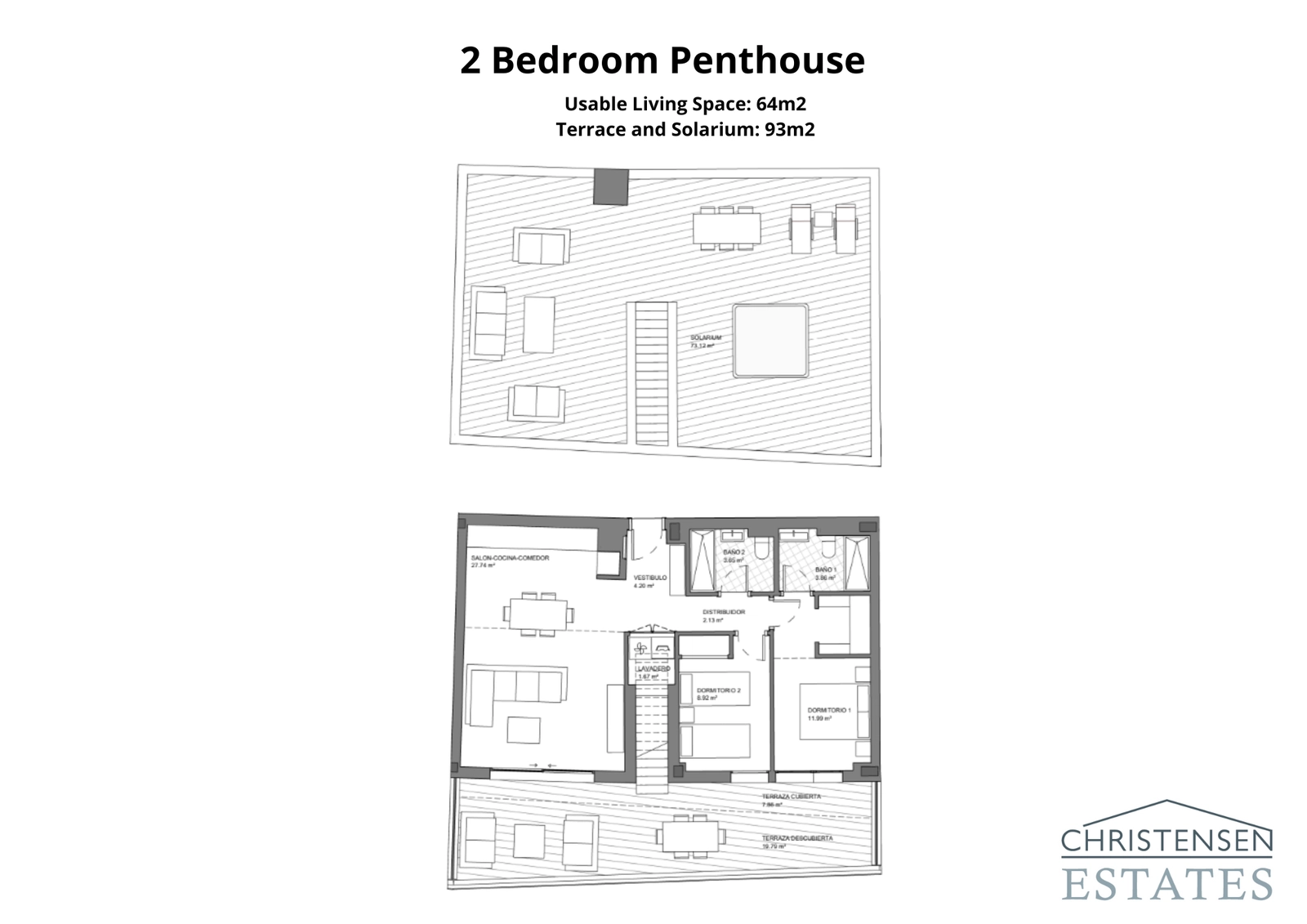 De indeling van een tweekamer penthouse, compleet met een privé daksolarium, dat een exclusieve ruimte met panoramisch uitzicht biedt.