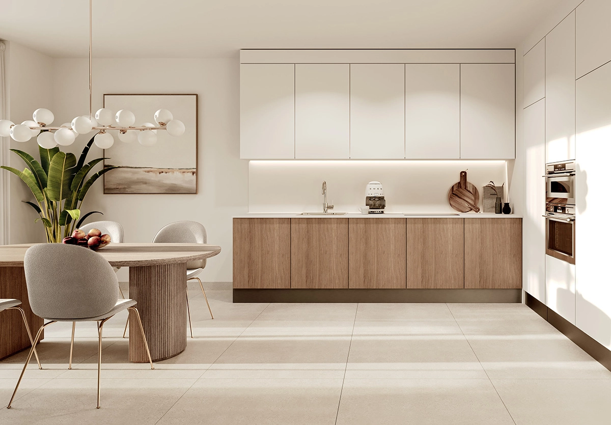 Strakke, open keukens zijn volledig uitgerust met hoogwaardige apparatuur en afwerkingen.