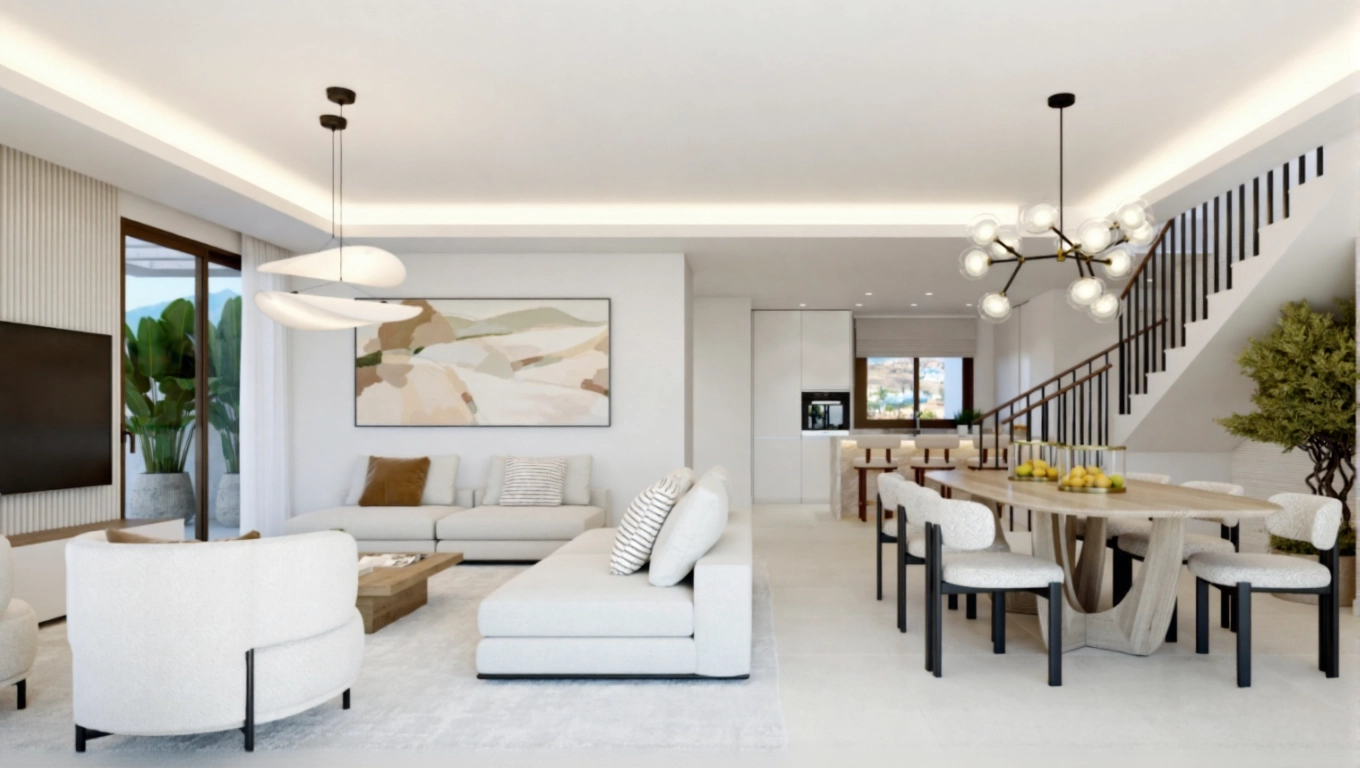 Elegante interieurs combineren modern design met een warme, uitnodigende sfeer om te ontspannen en te entertainen.