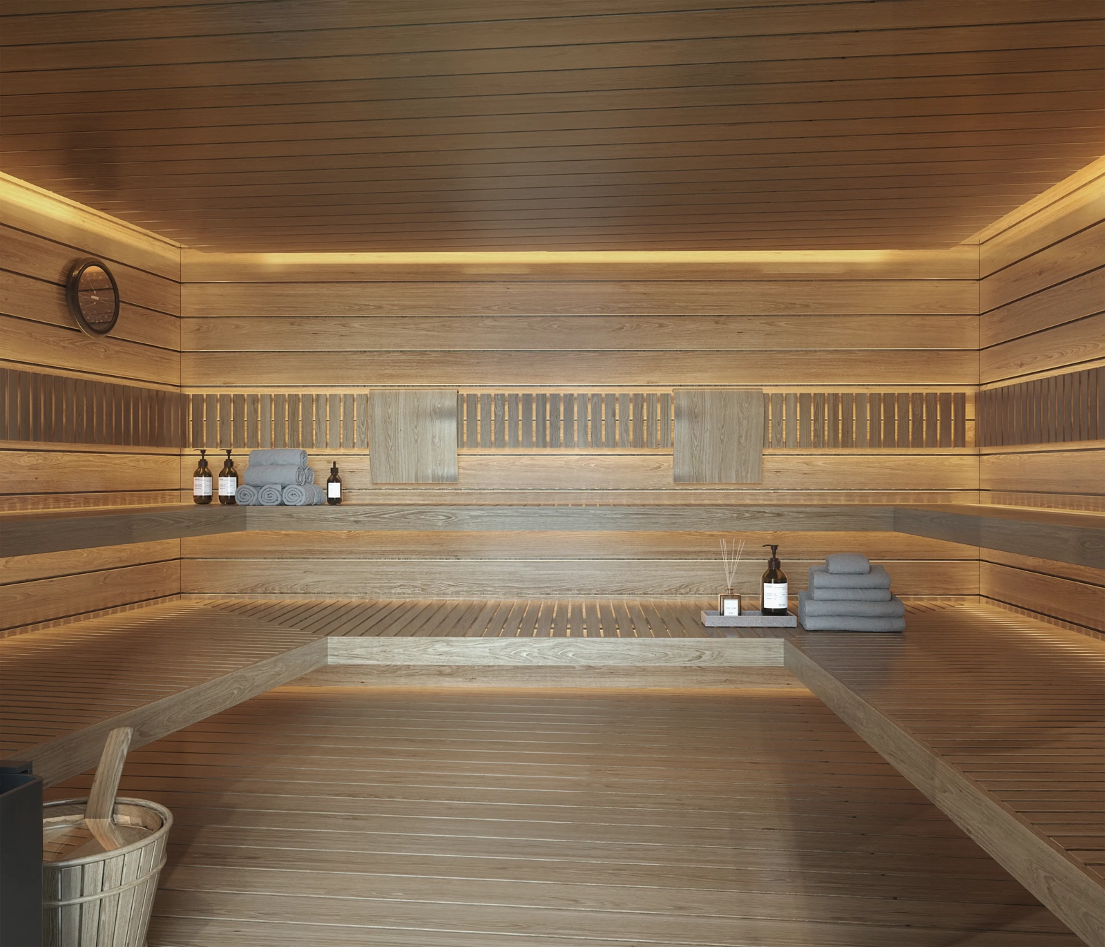 Kom tot rust in de traditionele houten sauna, onderdeel van de uitgebreide wellnessvoorzieningen.