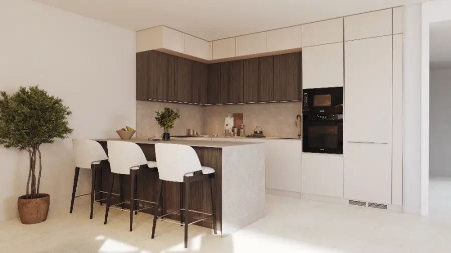 Een hoogwaardige, volledig uitgeruste keuken die moderne stijl combineert met praktische functionaliteit.