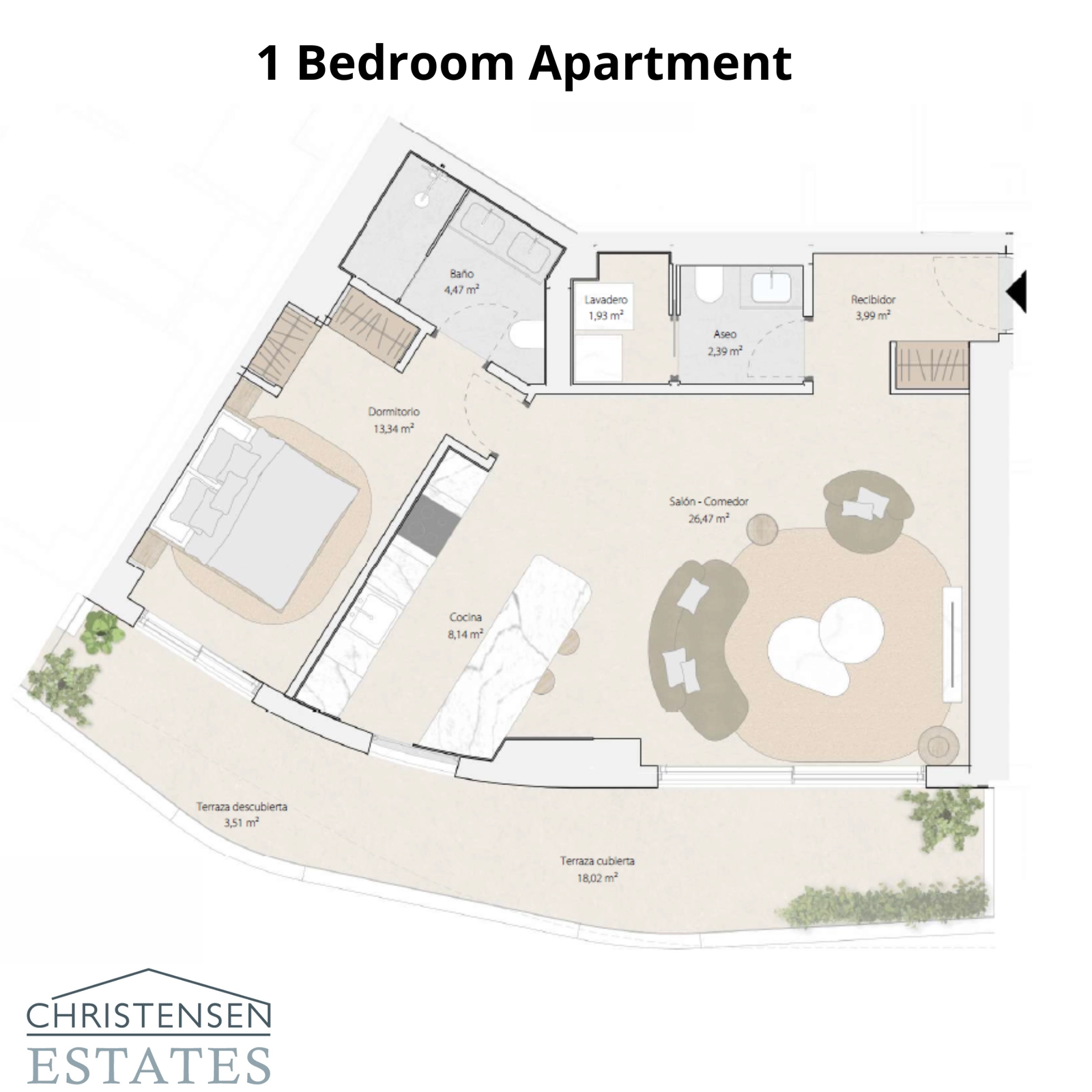 Plattegrond van een appartement met één slaapkamer, ontworpen voor comfort en stijl met een royaal terras om van het uitzicht te genieten.