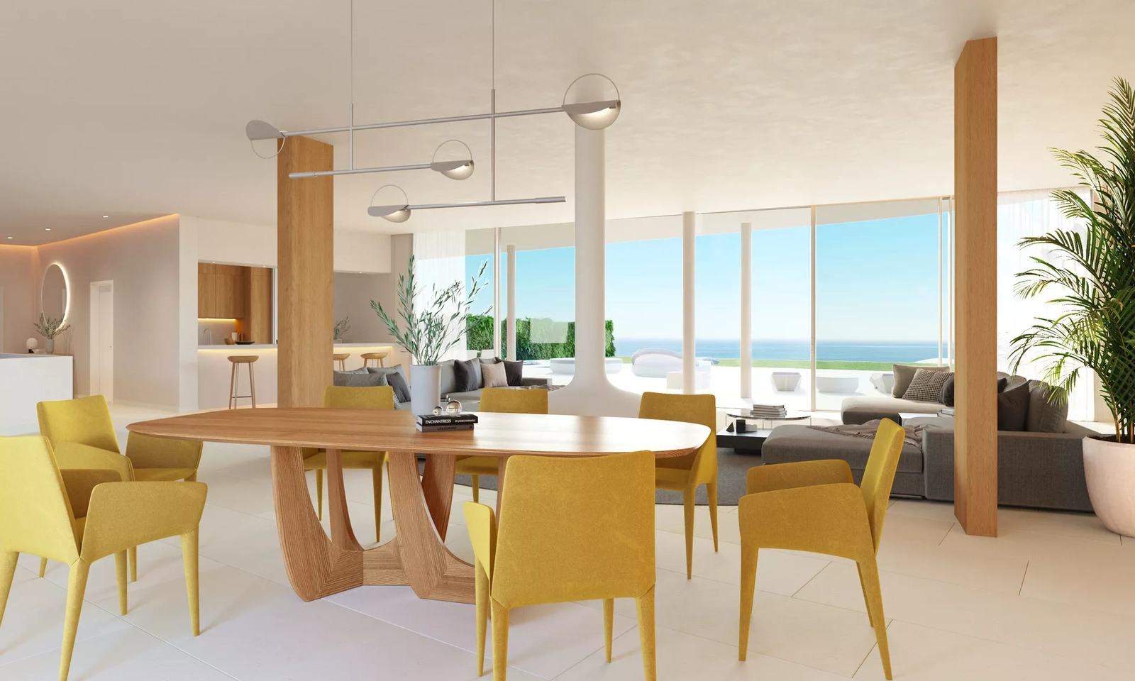 Een ruime eetruimte die prachtig overloopt in de woonkamer, ontworpen voor memorabele maaltijden met familie en vrienden.