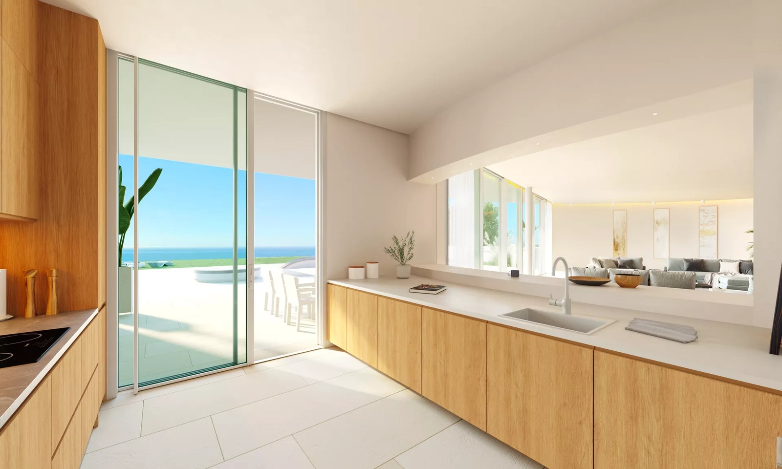 Een moderne, volledig uitgeruste keuken met strakke lijnen en natuurlijke materialen, die aansluit op de belangrijkste woonruimtes.