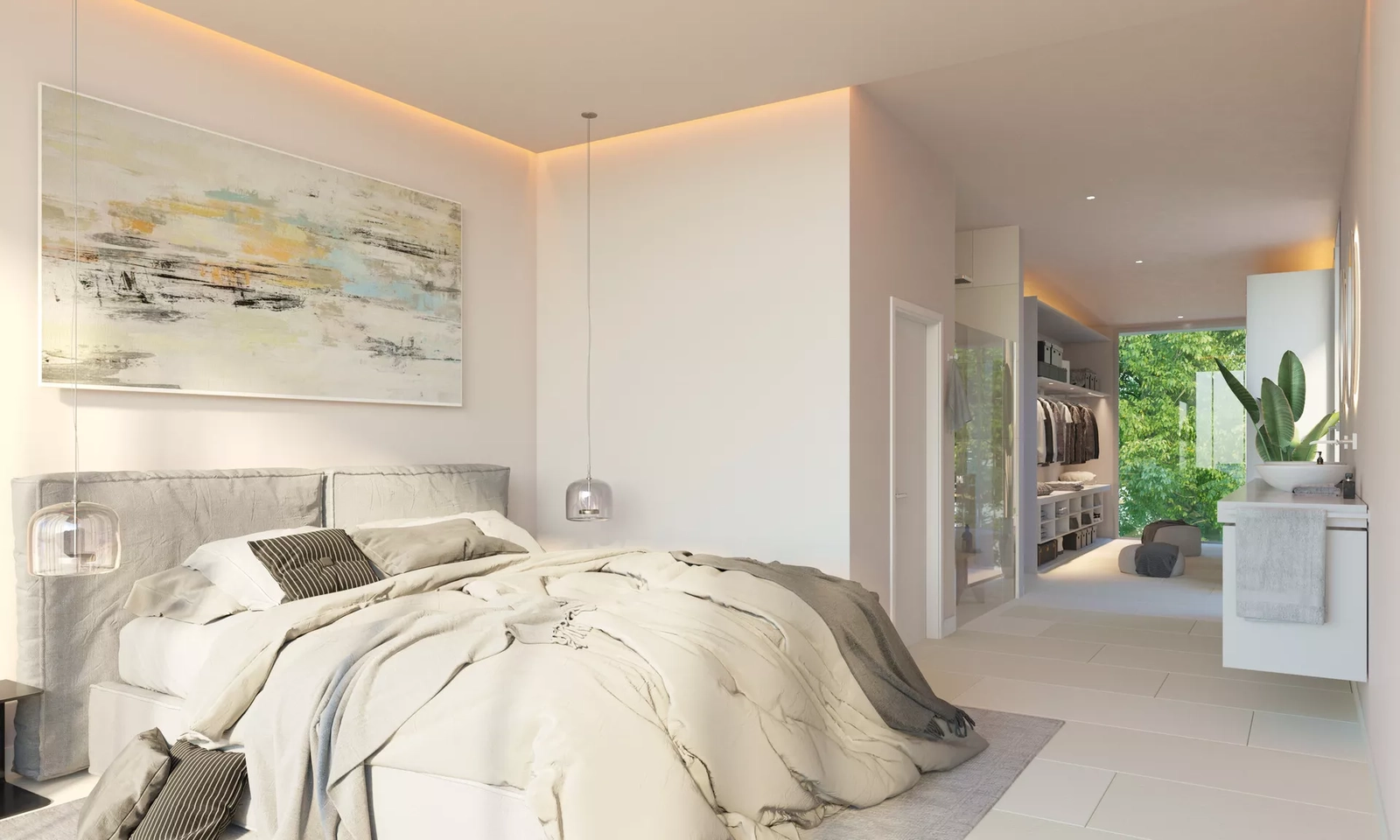 De serene master suite is een toevluchtsoord van comfort, leidend naar een privé kleedruimte en een elegante badkamer.