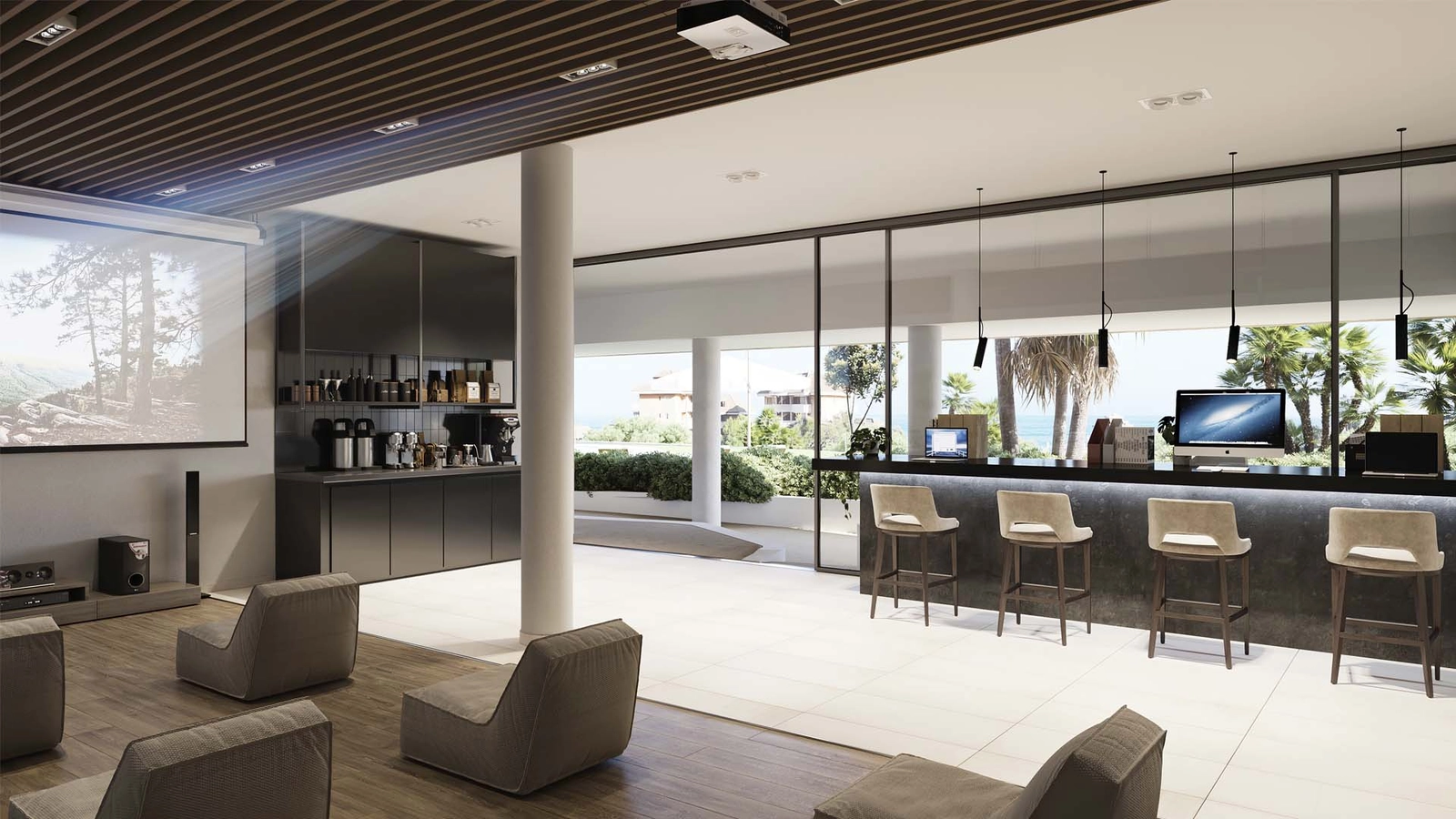 Een stijlvolle co-working- en sociale lounge waar bewoners kunnen verbinden, werken en ontspannen.