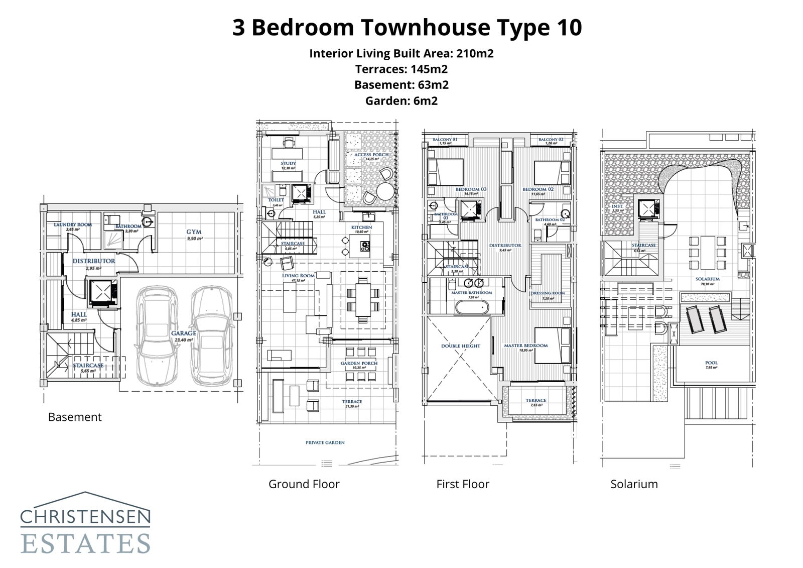 Deze doordacht ontworpen indeling toont de verdeling over meerdere verdiepingen, inclusief een privégarage, fitnessruimte, open woongedeelte en een dakterras met een privézwembad.