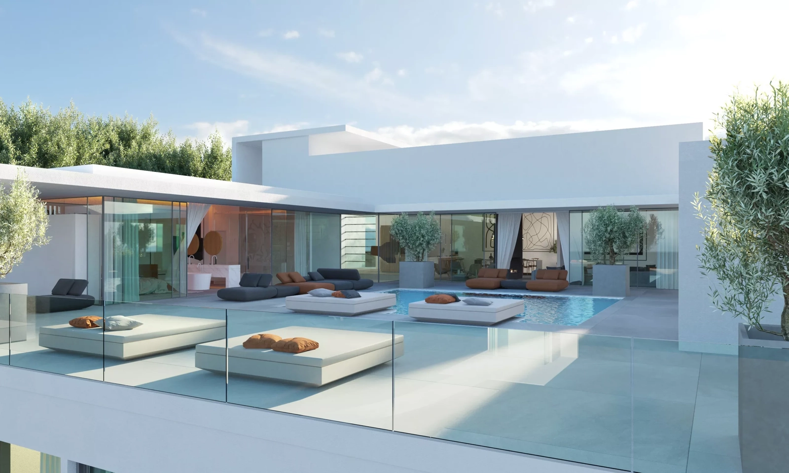 Een verhoogd uitzicht op het ruime terras en het privézwembad, ontworpen voor ultieme ontspanning aan de Costa del Sol.