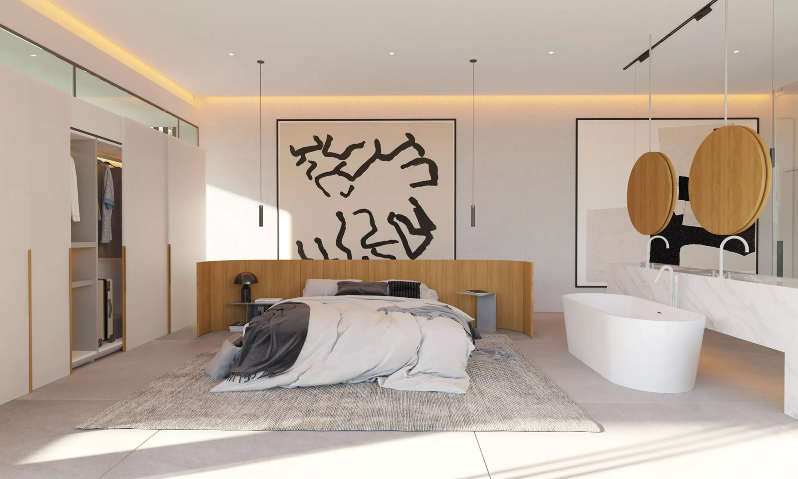 De mastersuite is een oase van rust, met hedendaagse kunst en een open badkamerconcept.